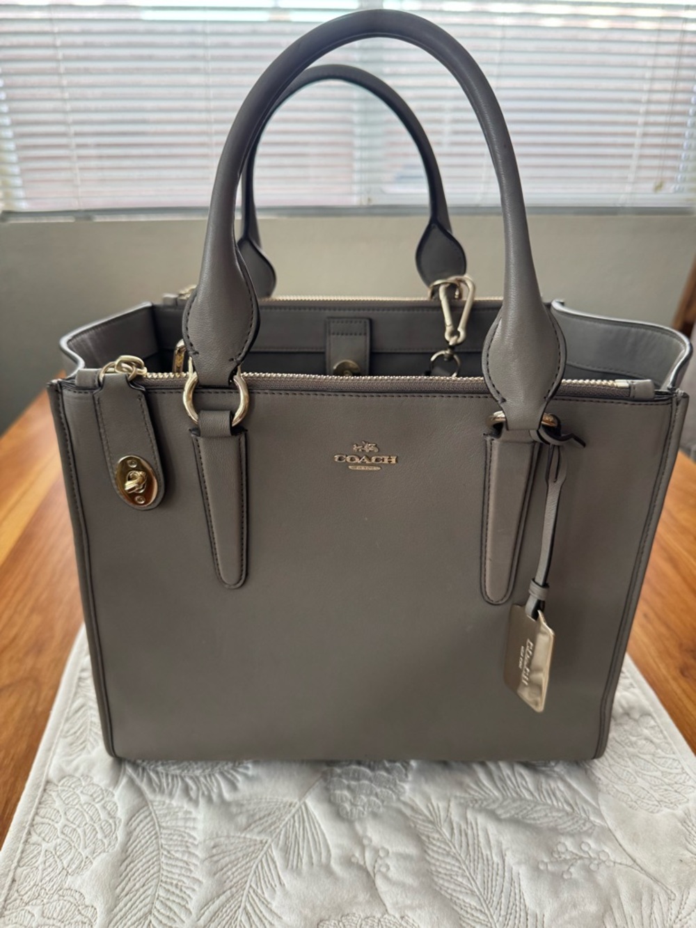 Coach Gray Leather Satchel with Gold-Tone Hardware